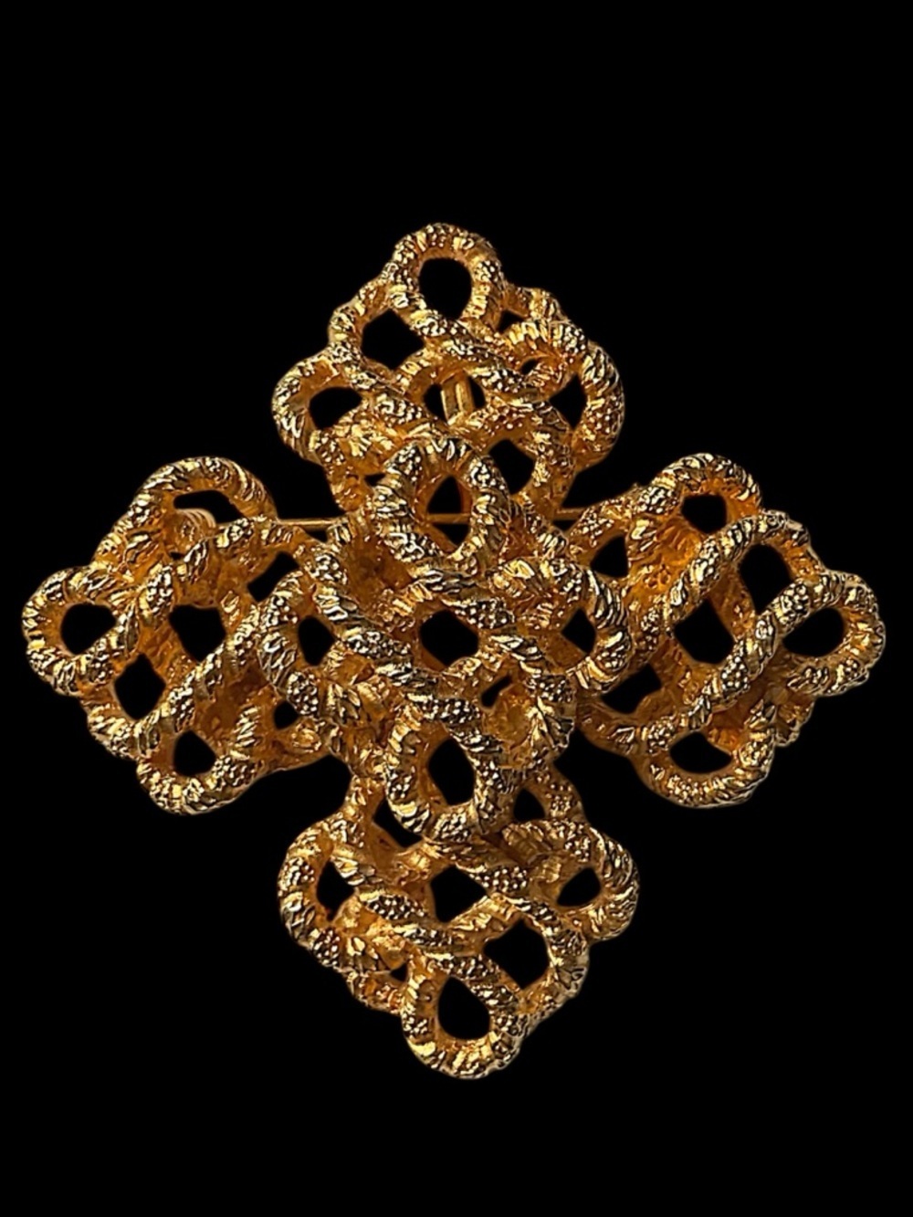 Vintage Lucien Piccard Knot Cross Gold Tone Brooch Pendant